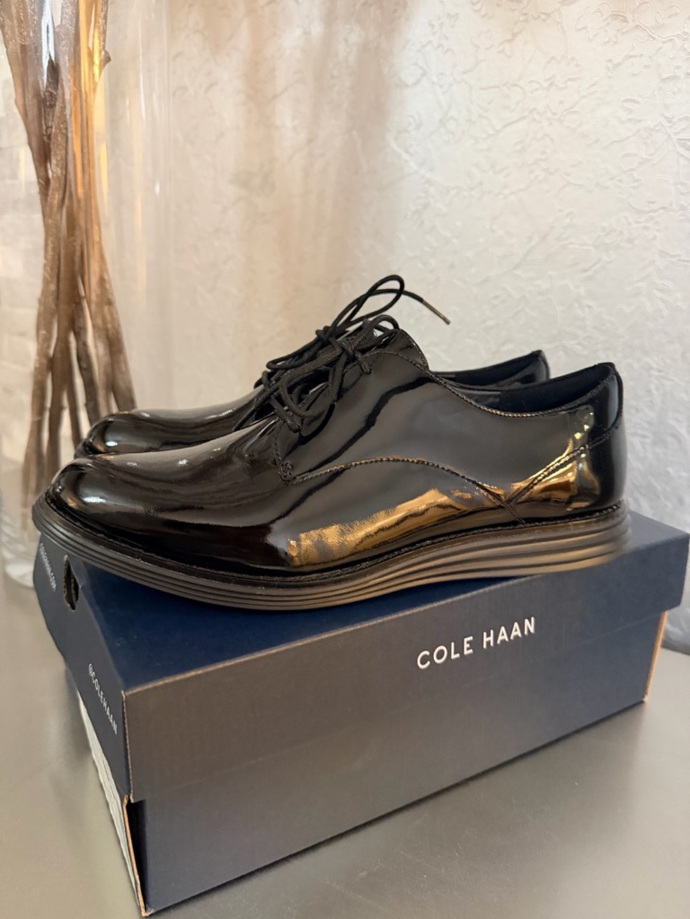 Cole Haan Men's Black Patent Leather Derby Lace-Up Shoes